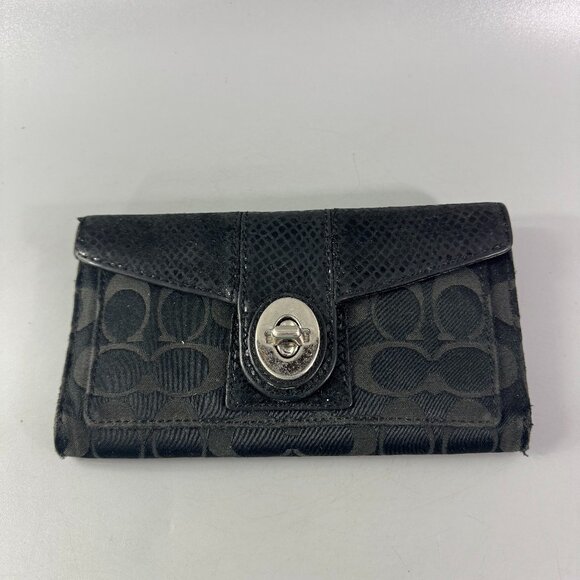 Coach Handbags - Coach Signature Black Canvas Snakeskin Printed Turn-Lock Long Wallet